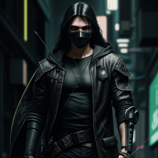 AI generated: Cyberpunk, robin hood, holding a composite bow, stylish, masked, dark clothes, black long hair, male...