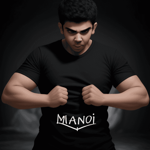 AI generated: A boy wearing a black t shirt with name written Mansoor on T shirt fighting a giant scary monster