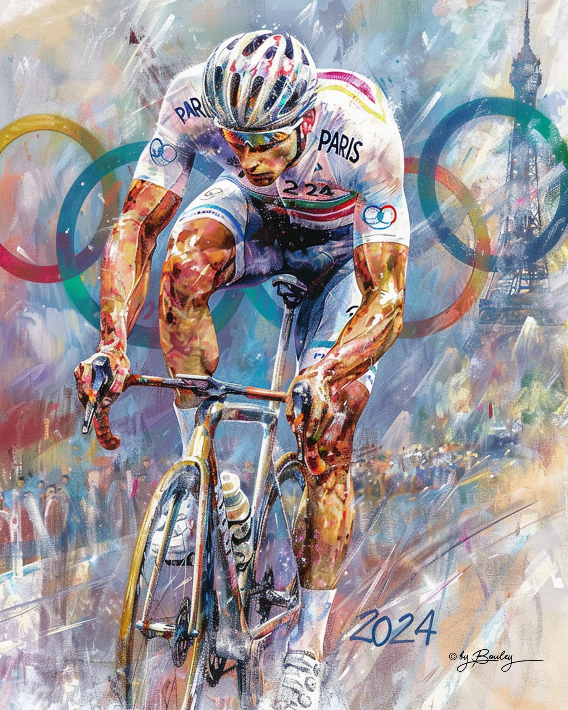 AI generated: cycling at the Paris Olympics, Gaspare Caramello transconceptual art's style, vivid and brilliant co...