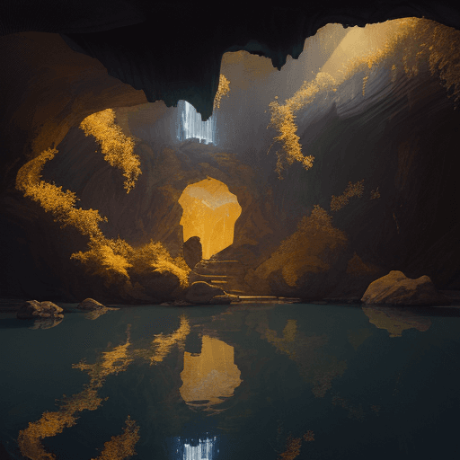 AI generated: new art : landscape into a Underground cave, in the middle an altar with a treasure on around water....