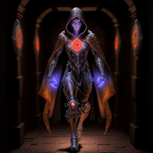 AI generated: Generate an image of a cybernetic mystic in an ancient corridor. The figure has a robotic face with ...