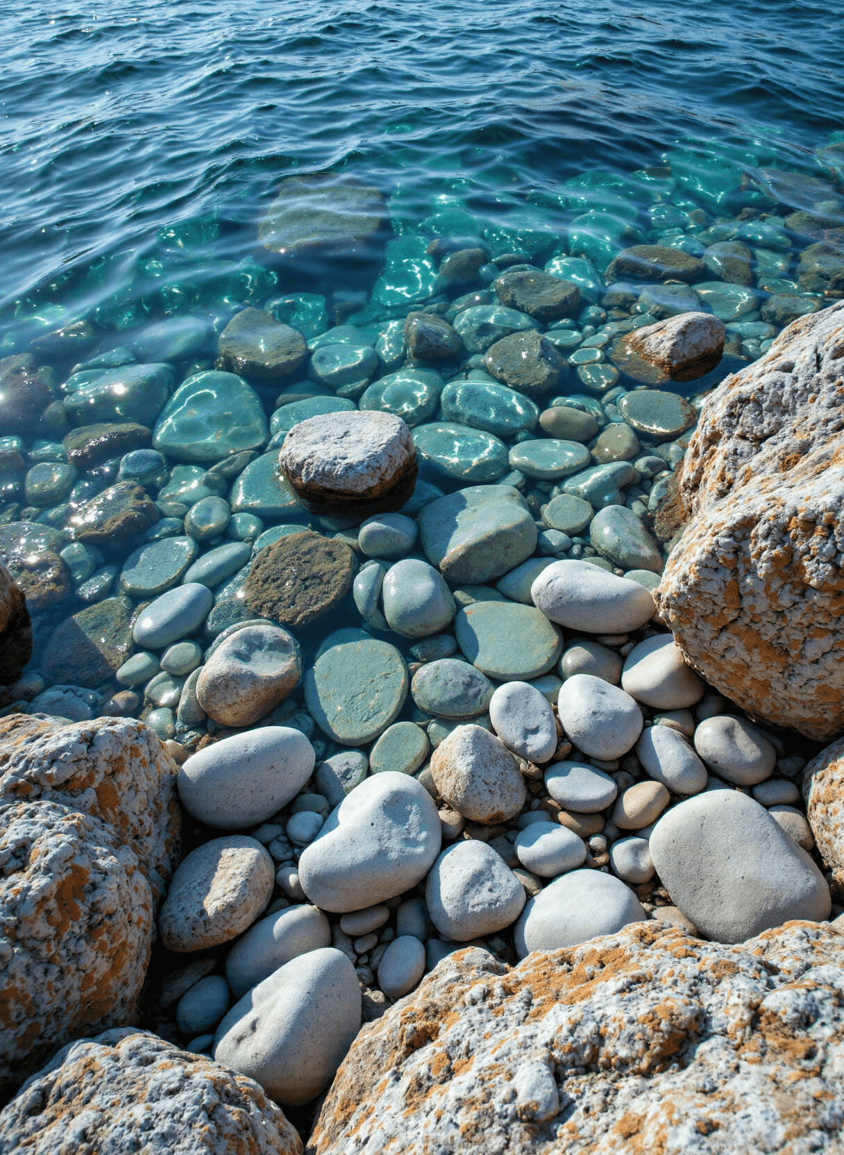AI generated: 
The image depicts a serene coastal scene with clear, shallow water revealing an array of smooth, r...