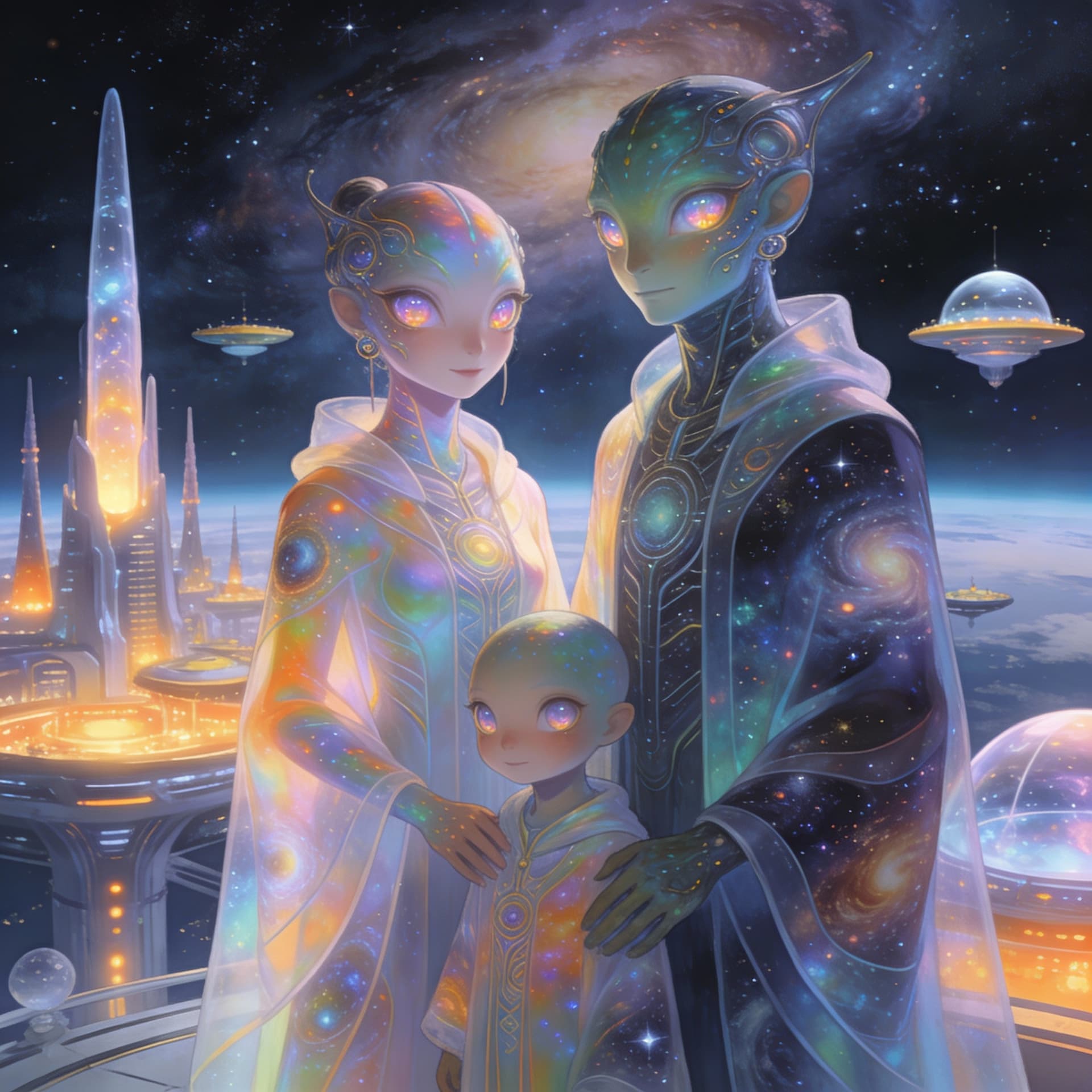 AI generated: Create a unique, flesh, organic, human or human-like species, Male, Female, and family. Otherworldly...
