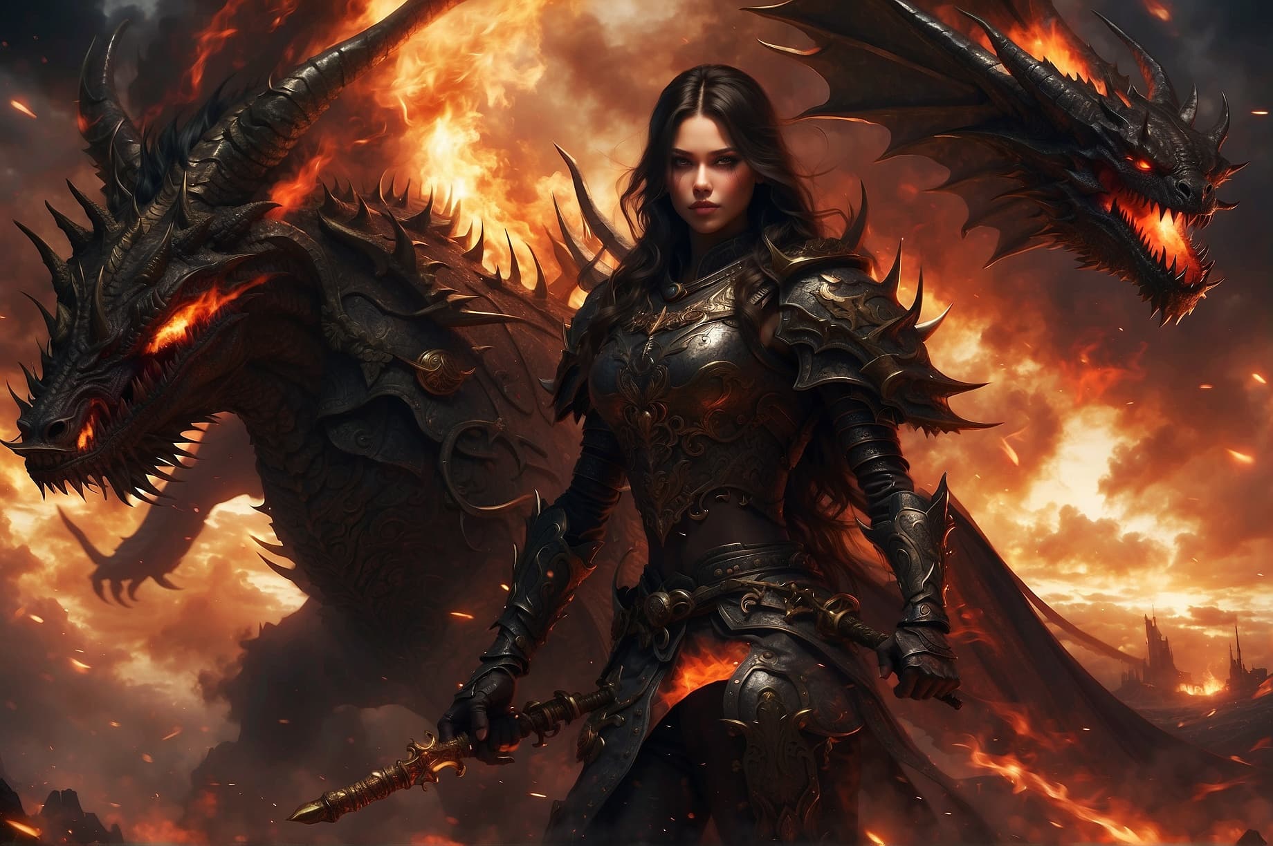 AI generated: Realistic women with black scary armor, Holding fire Sword, human face, long hair, perfectly detaile...
