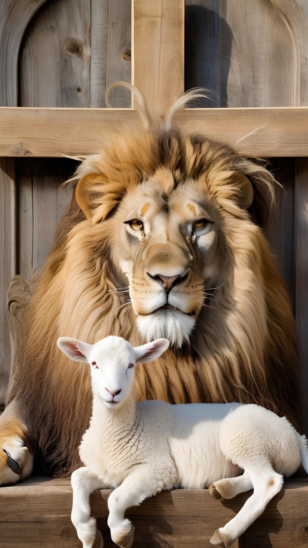 AI generated: A majestic lion with a golden mane, symbolizing the Lion of the Tribe of Judah, in front of a rustic...