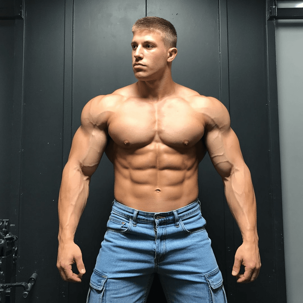 AI generated: A young bro in tight cargo jeans with v tapers tight flat 6 pack abs nice chest thick full wide shou...