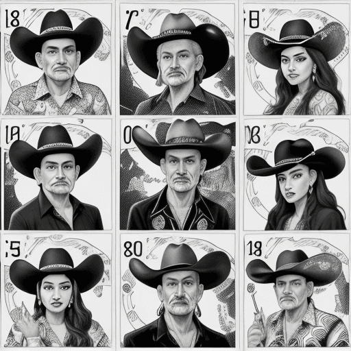 AI generated: black and white, portraits, animals, cowboy, coloring book, in the style, Loteria game sets publishe...