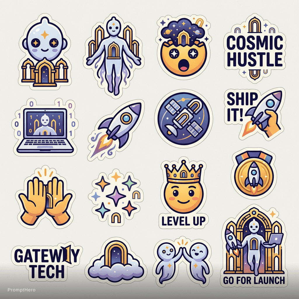 AI generated: tech startup stickers based on the uploaded logo, rocket ships, laptops, celebration emojis, modern ...