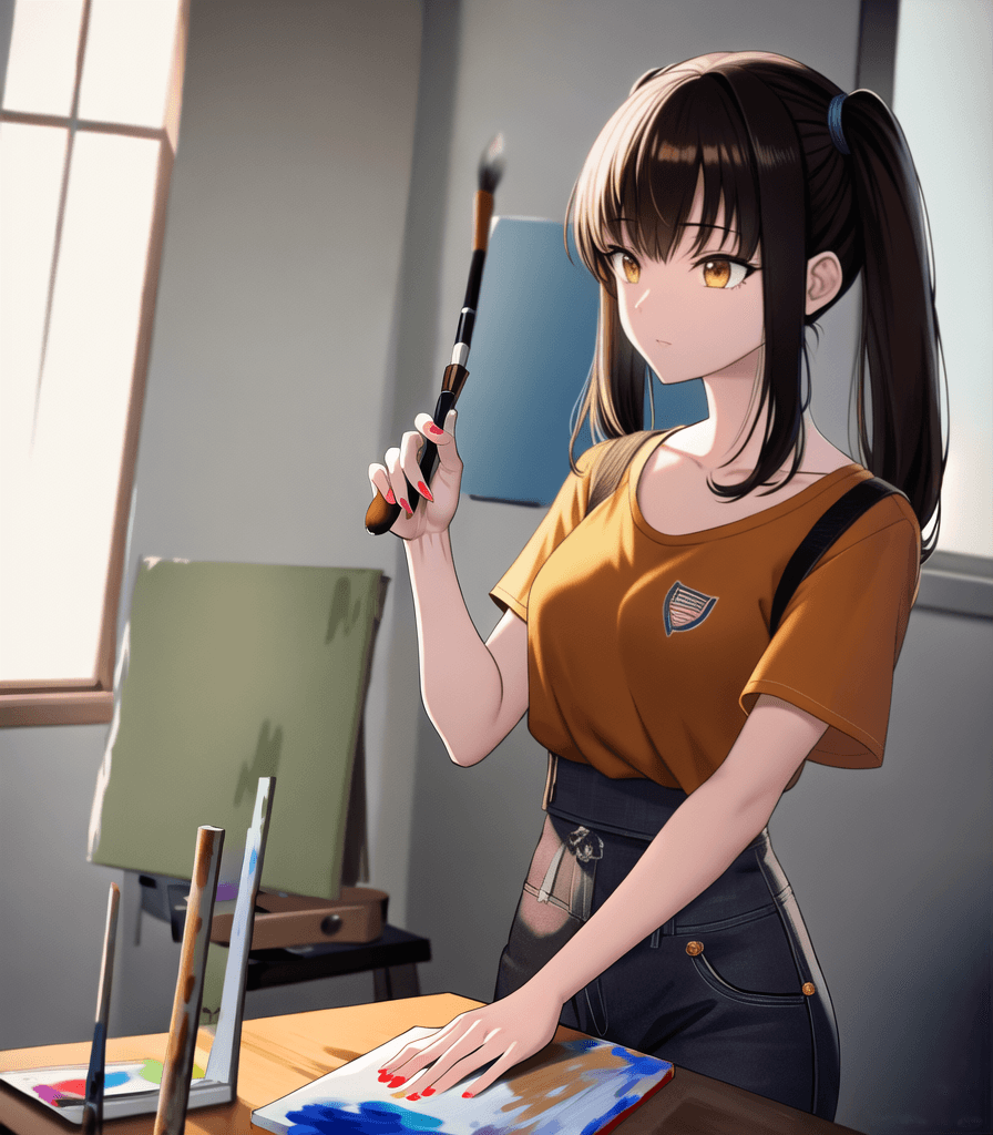 AI generated: ((perfect anime illustration)), 1girl, twin tails, brown hair, ((painting a picture, paintbrush, hol...