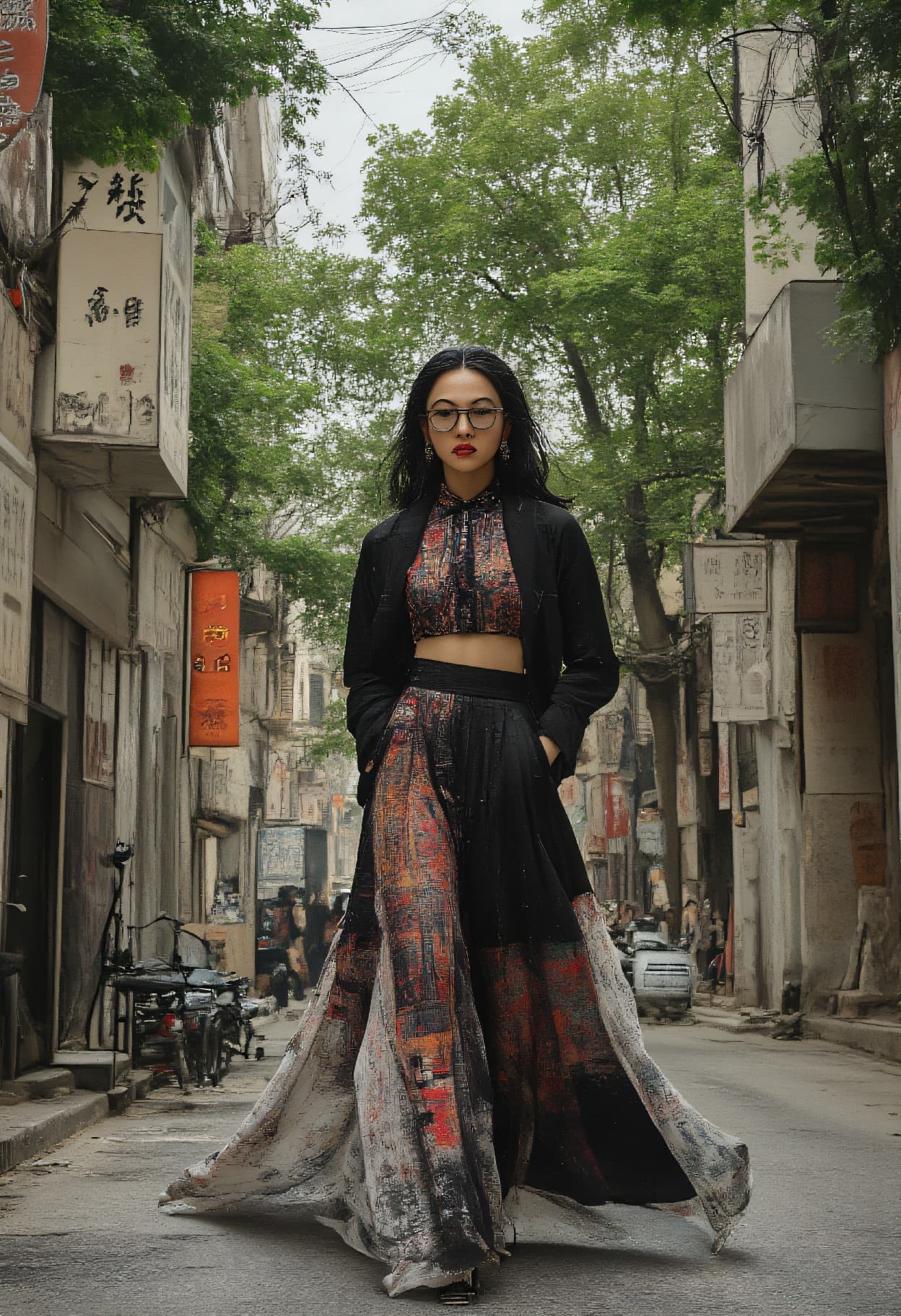 AI generated: modernist, Street fashion waist up photo of a 24-year-old Miao-Kazakh female playful circus performe...