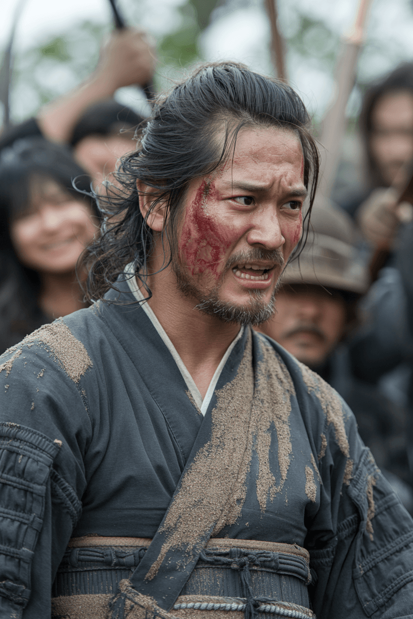 AI generated: Samurai looks at the enemy, stands after the battle, fear and horror on his face, tired and beaten, ...