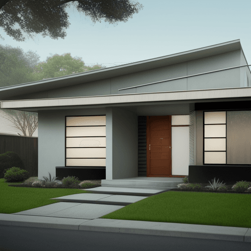 AI generated: Hyper realistic eye level exterior photo of a mid century modern style house ove