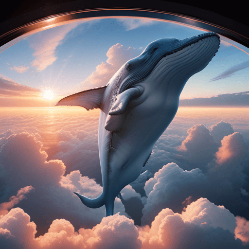 AI generated: High resolution photography interior design, dreamy cloud sky, blue whale flying in clouds blocks th...
