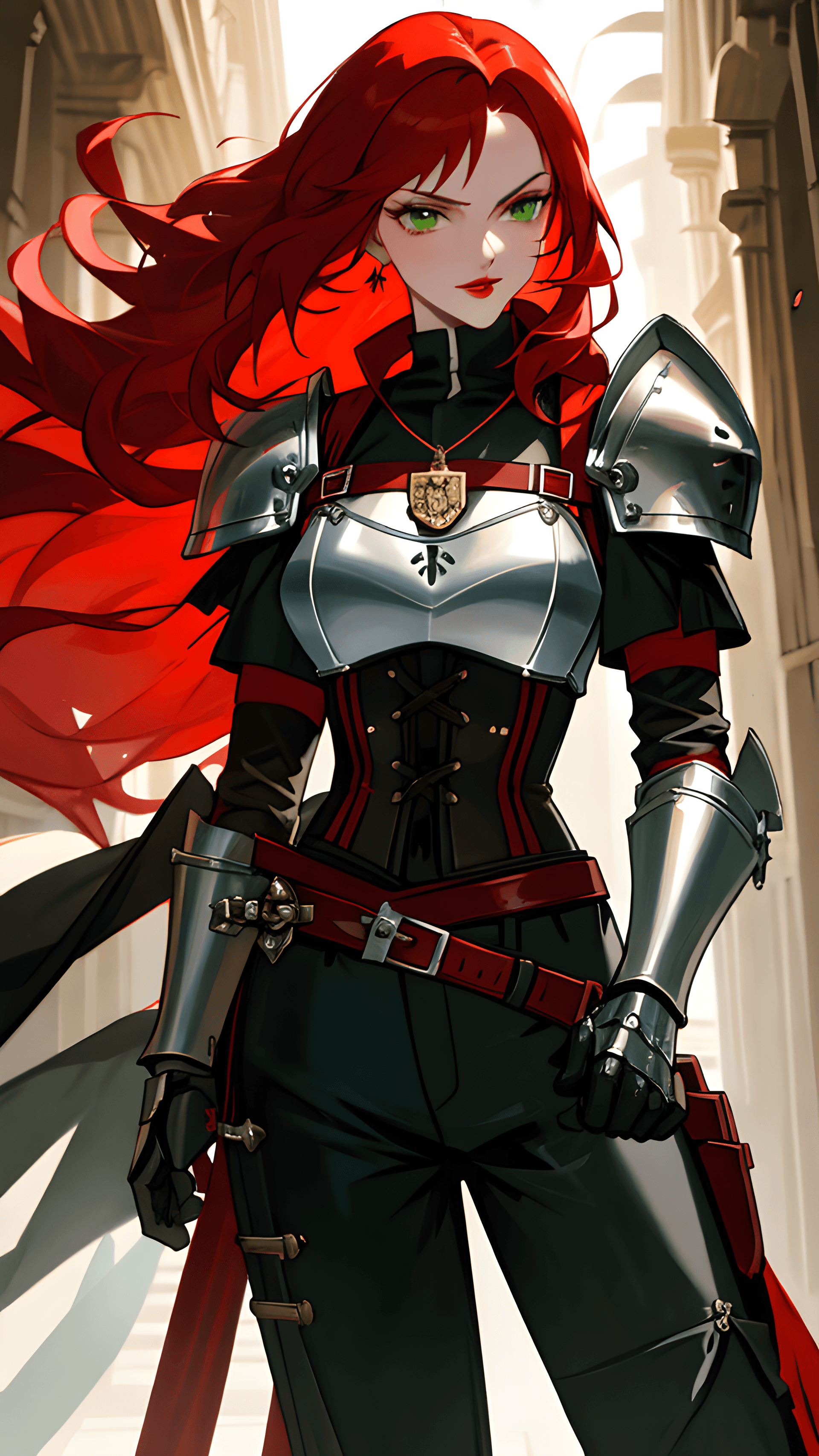 AI generated: medieval RPG character painting, long wind blown flowing ginger hair, red & black swashbuckler rogue...