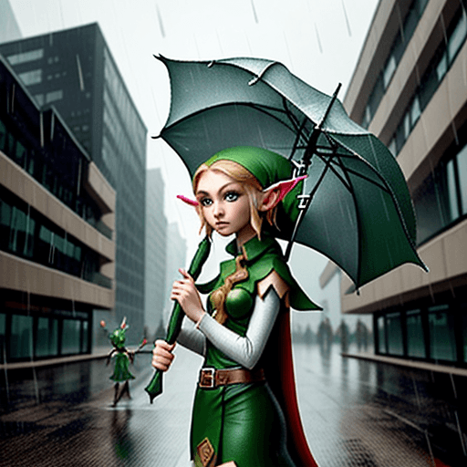AI generated: A elf in a modern world that is raining and surrounded by buildings