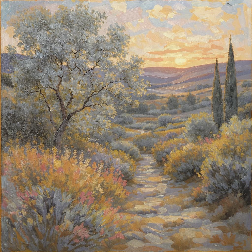 AI generated: Impressionist painting on canvas of Provence, in the style of impressionist masters, warm colors, de...