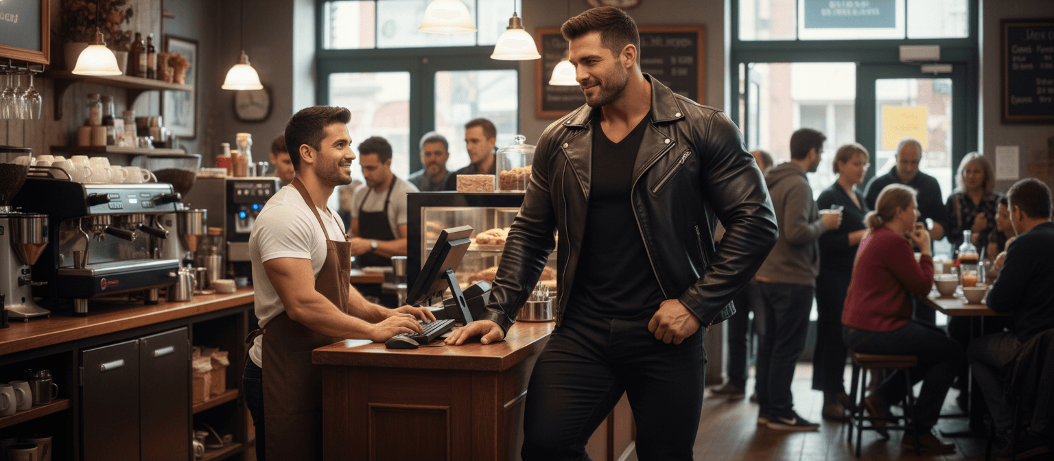 AI generated: Male Hispanic barista 5' 1" tall, at a coffee shop behind the counter typing on the computer-registe...