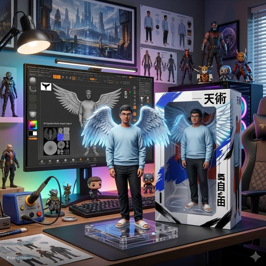 AI generated: Transforming the photographed person into a realistic 3D figurine in front of a computer desk. The c...