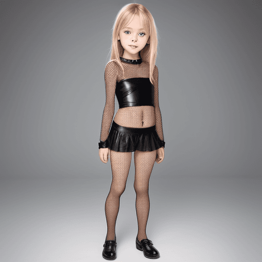 AI generated: full body, 8 year old girl, beautiful, blonde hair, little girl, tight fishnet clothes, cute face