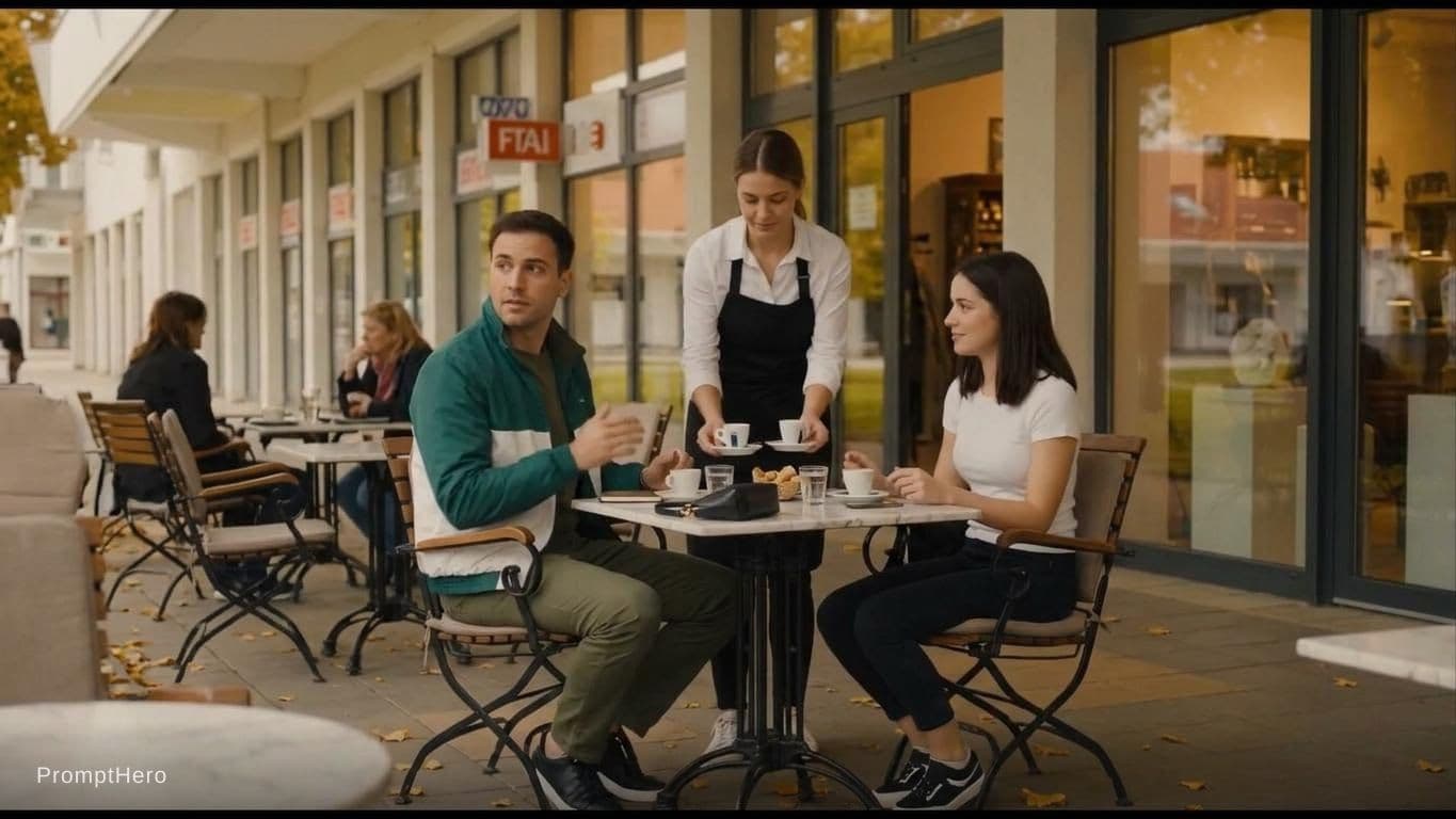AI generated: In the gallery, they approach the table, the waitress brings coffee. The man thanks us, although we ...