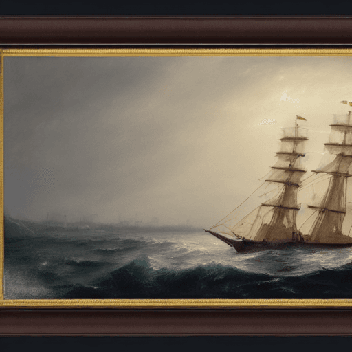 AI generated: Painting of an ultra realistic sailing ship, dramatic light, pale sunrise, cinematic lighting, batte...