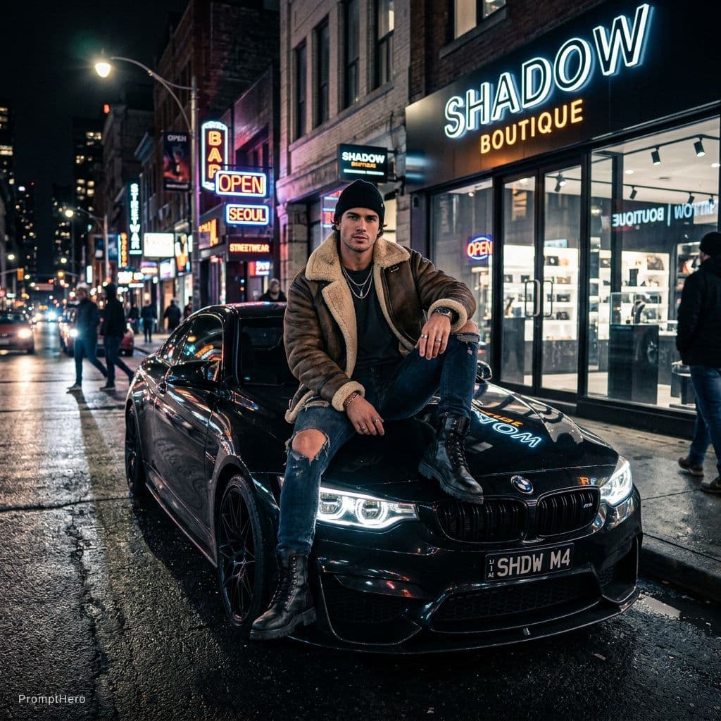 AI generated: Male model seated on the hood of a BMW M4 parked next to the Shadow boutique. Wearing an oversized b...
