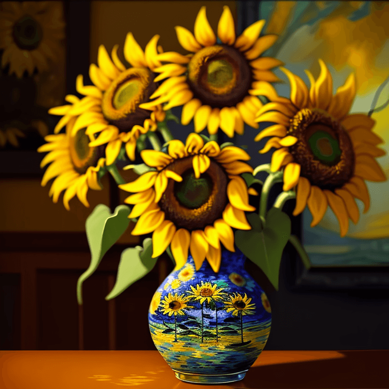 AI generated: Still life of sunflowers in a vase during sunset, in van Gogh style, sunflowers have expressions lik...