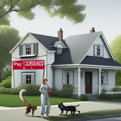 AI generated: house with person in front with a dog and a cat next to them. The house has a big sign that says "FO...