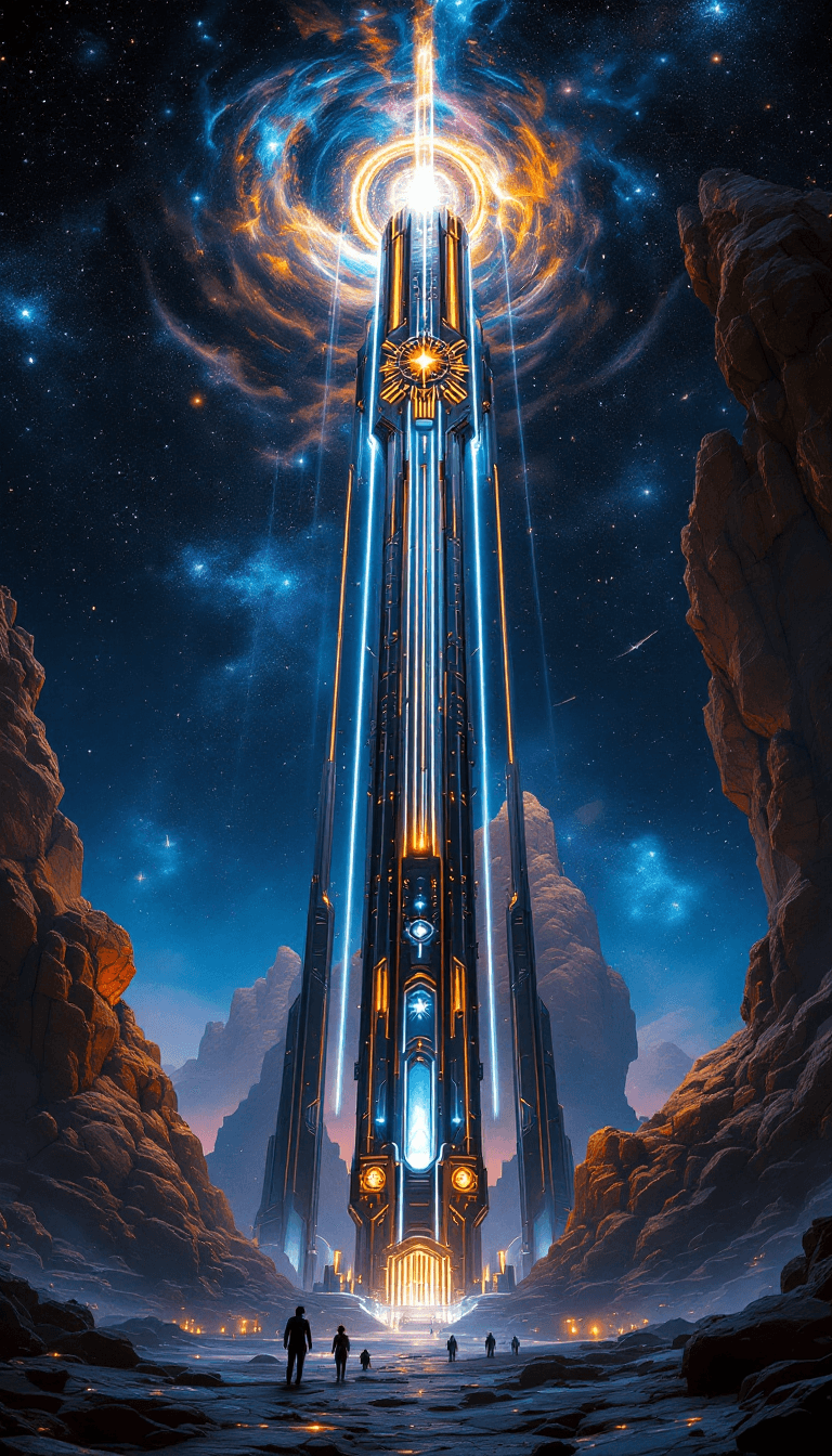 AI generated: Imagine a colossal structure reaching into the night sky, resembling a tower that has been touched b...