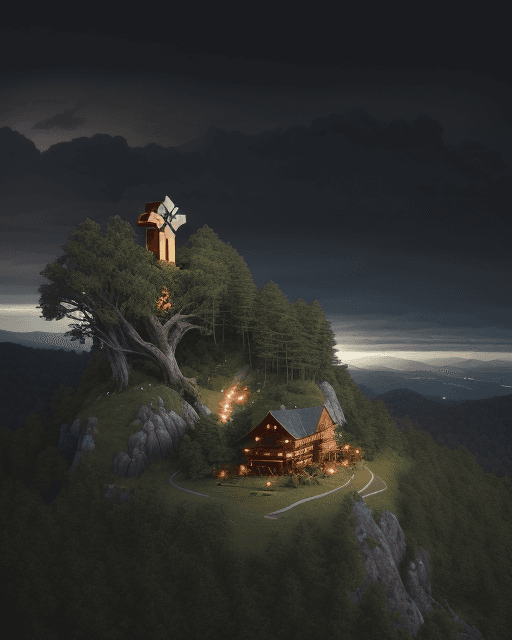 AI generated: (A beautiful rocky hill with green trees ((a towering wooden cross on the top of the hill)) forest m...