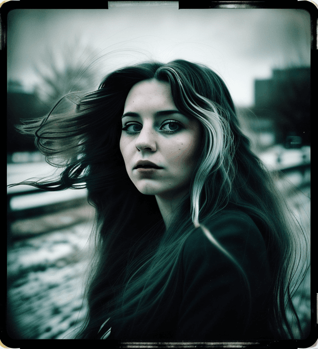AI generated: a woman with long wild hair on a windy day, in the style of toy camera effects, grunge effect, old f...