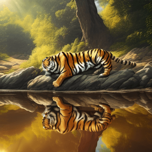 AI generated: A fierce tiger resting on a rock by the river, the sunlight catching its fur and highlighting its sh...