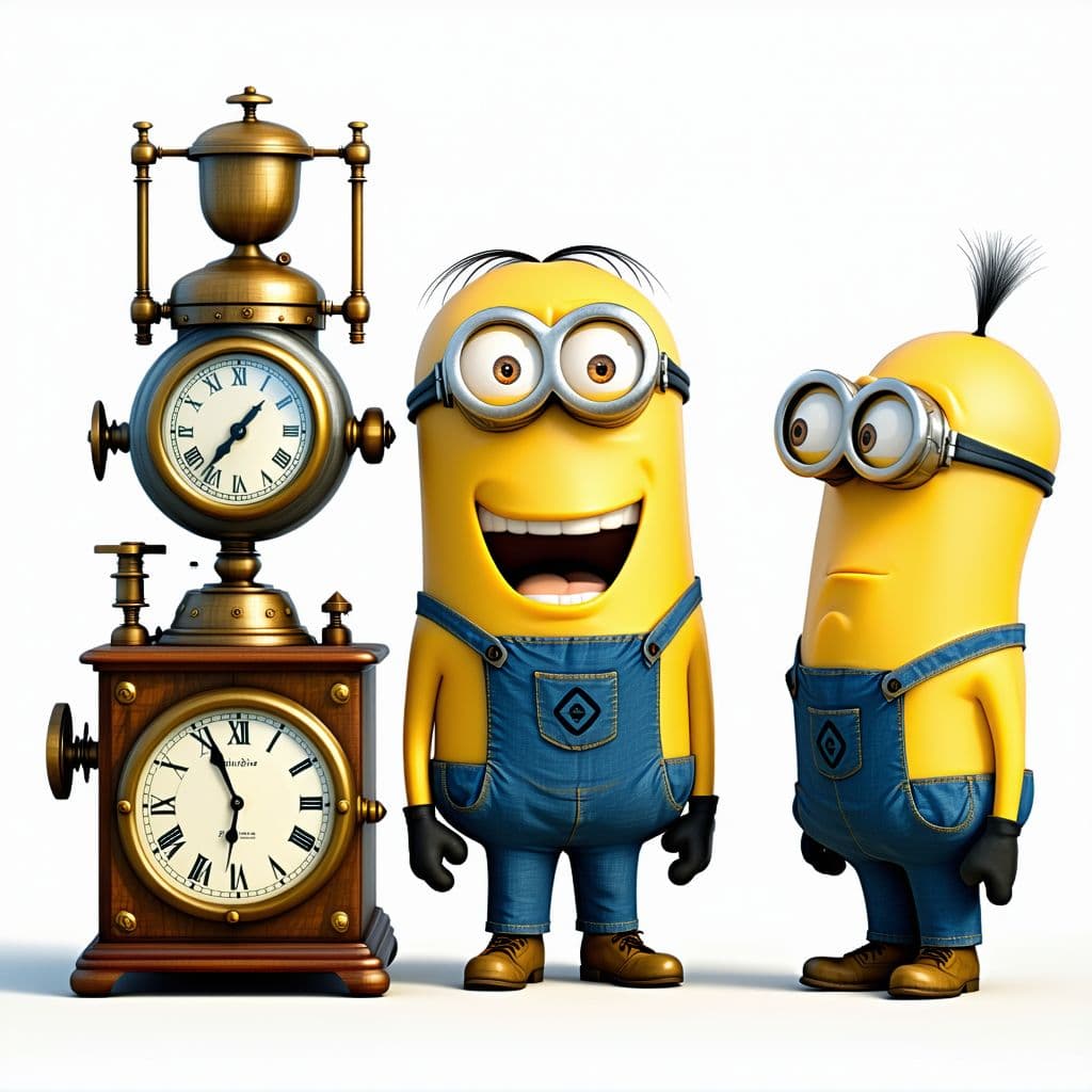 AI generated: A picture of the Minions and Professor Gadget's standing next to the time machine and being happy Mi...