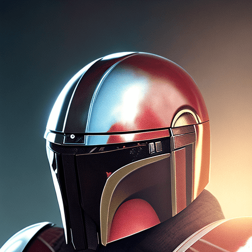 AI generated: Red mandalorian helmet with jaged eye markings, dramatic light, cinematic lighting, battered, low an...