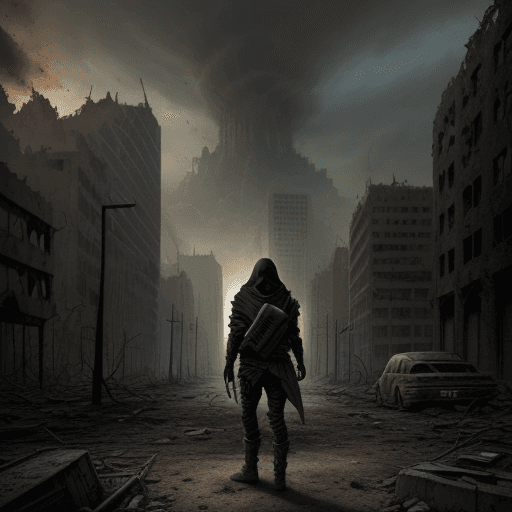 AI generated: Ruined post-apocalyptic city. Hooded person from the back.