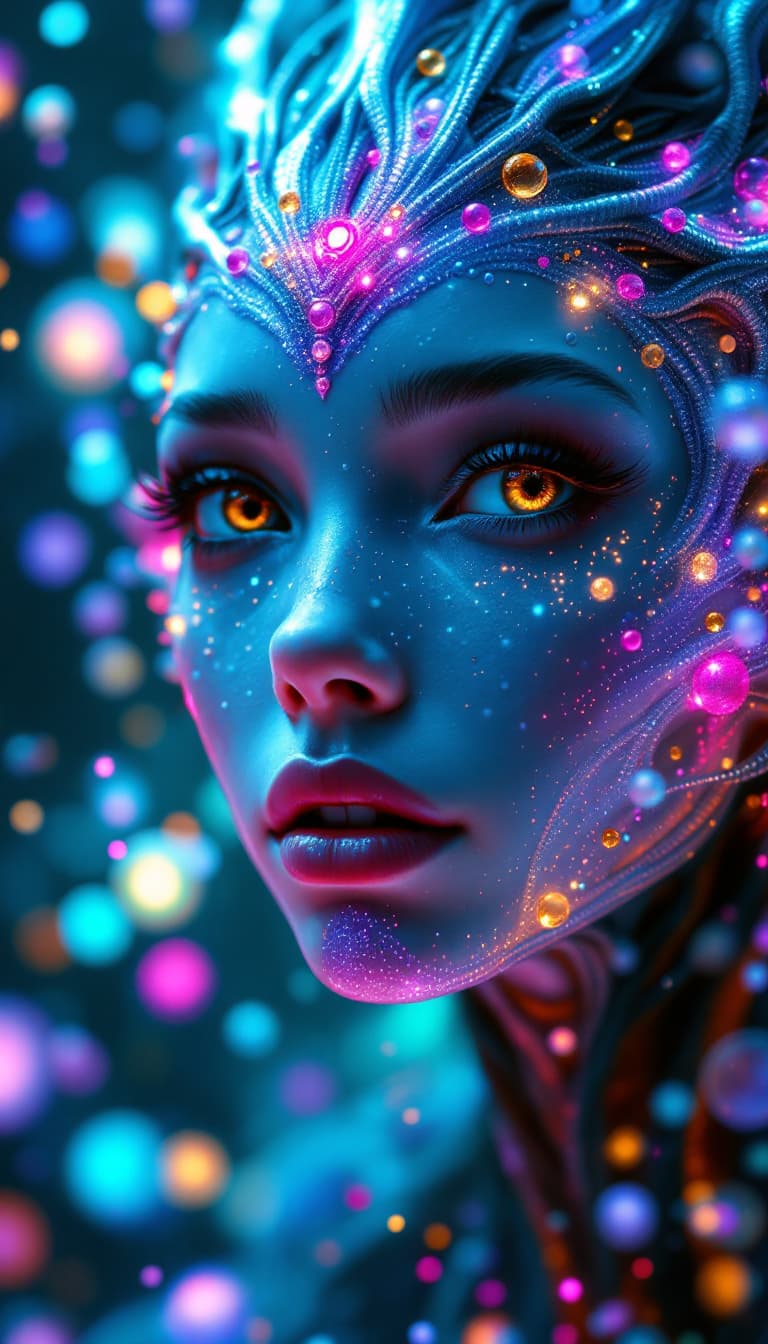 AI generated: Surreal 4k painting of an alien princess with expressive brown eyes and cosmic features. Her skin ap...