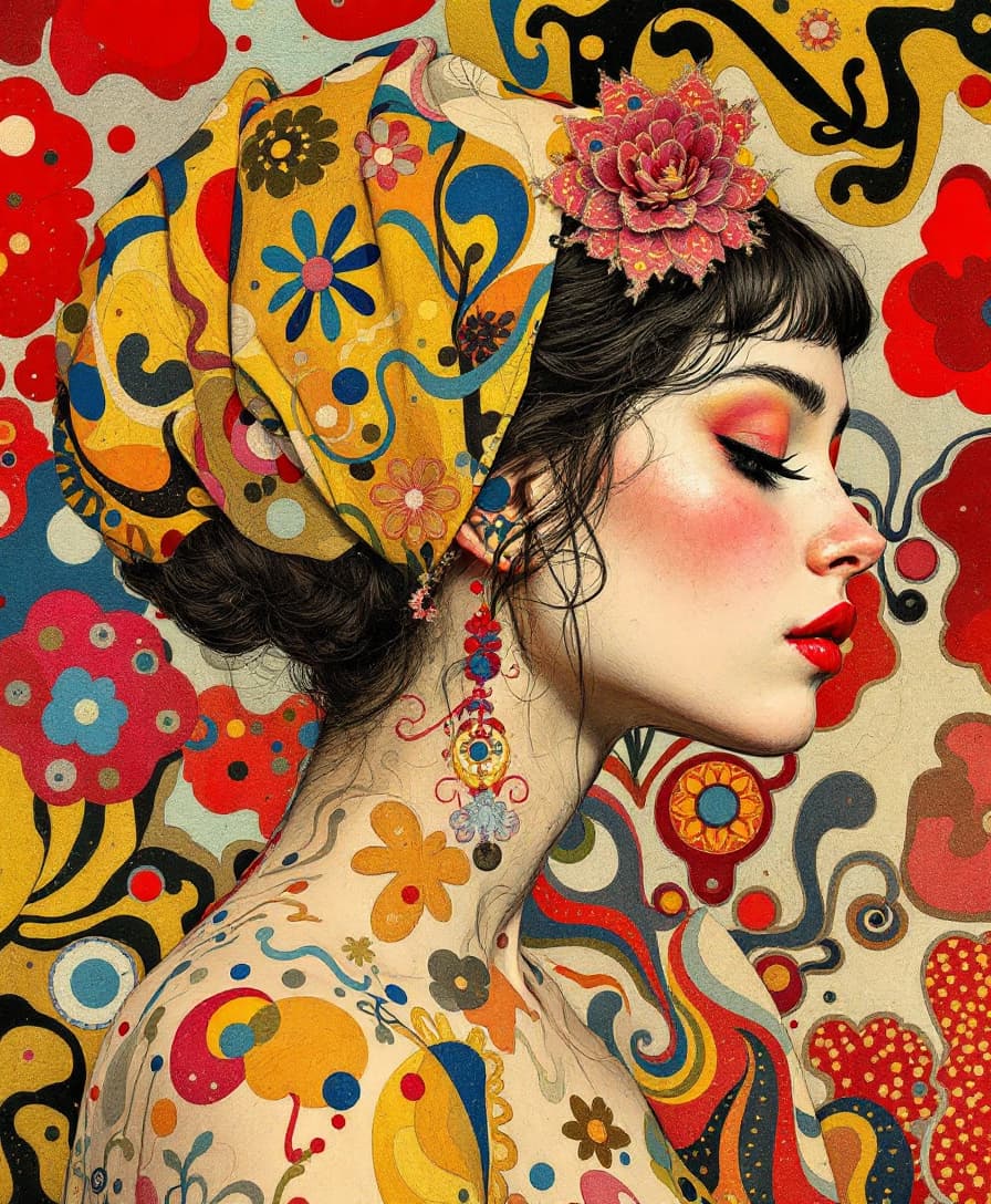 AI generated: side view of surreal young wife, with colourfull cloth, by egon schiele, gustav klimt