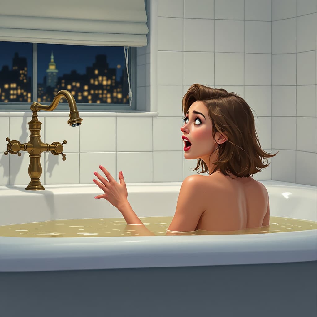 AI generated: A detailed digital illustration in the style of Dimitry Roulland, featuring a woman in a bathtub, fa...