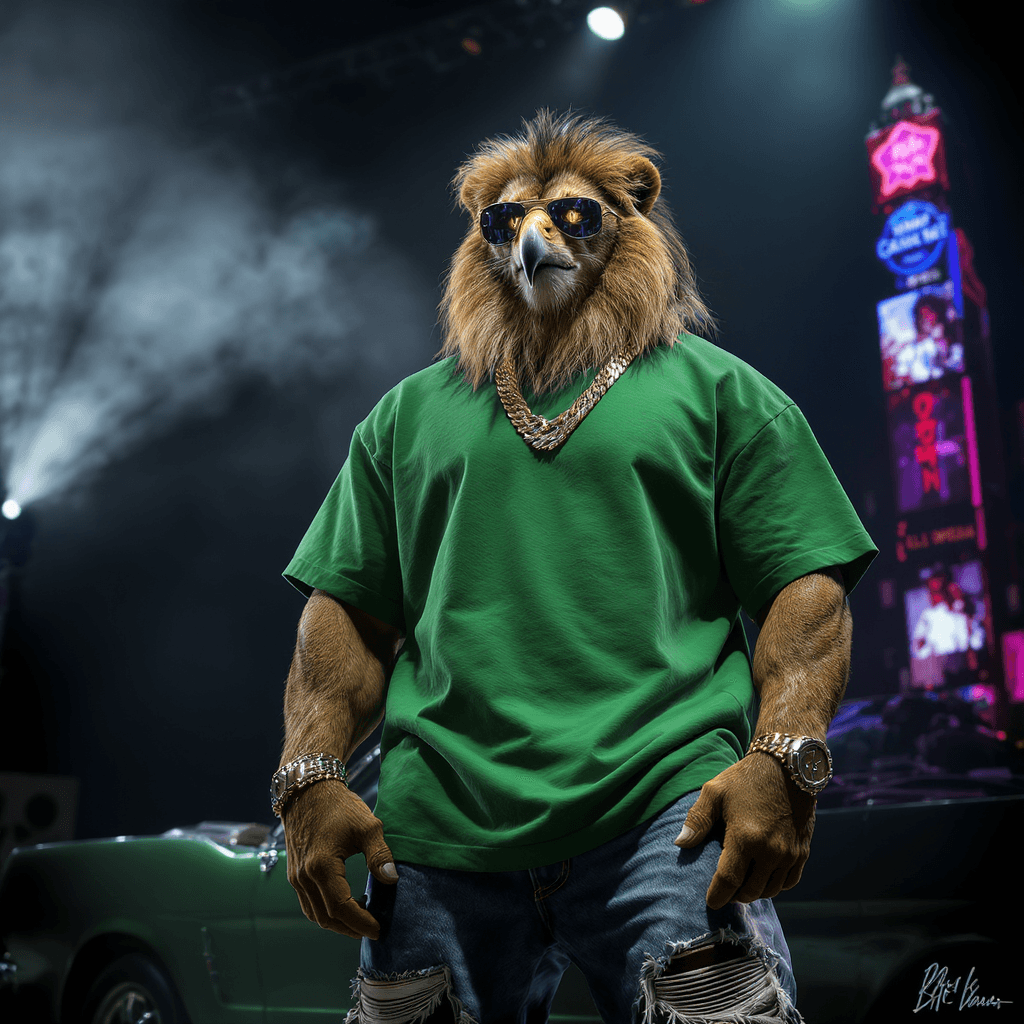 AI generated: A humanoid eagle with fierce golden eyes, standing confidently on a concert stage under dramatic spo...