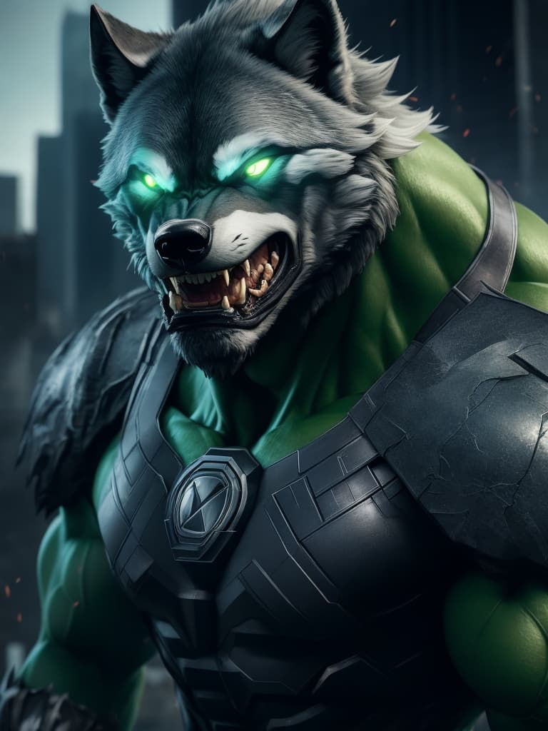 AI generated: wolf-hulk, marvel art, cinematic, hyper detail, 8k, octane rendering