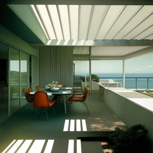 AI generated: Hyper realistic eye level exterior photo of a mid century modern style house overlooking the ocean, ...
