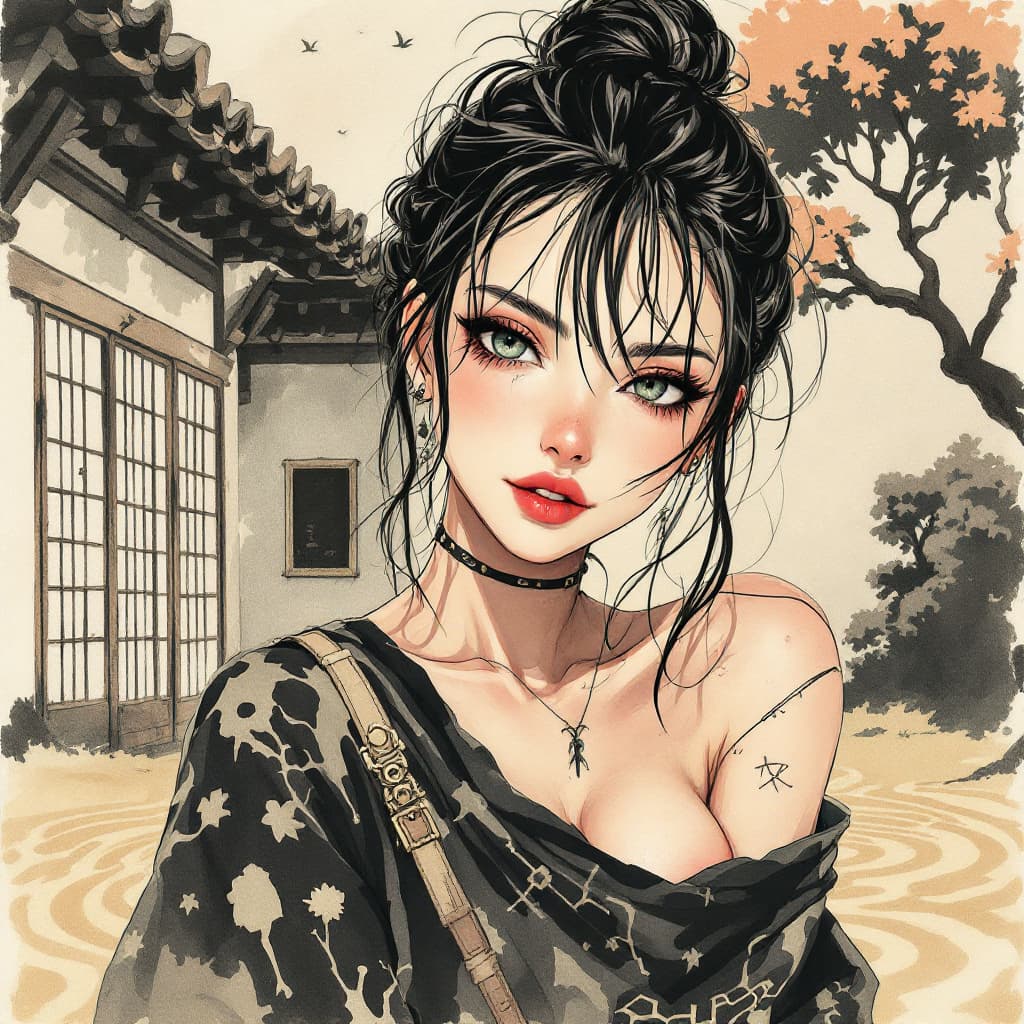 AI generated: anime full body Symbolist ink wash painting of a 24-year-old Yao-Greek female edgy rocker girl with ...