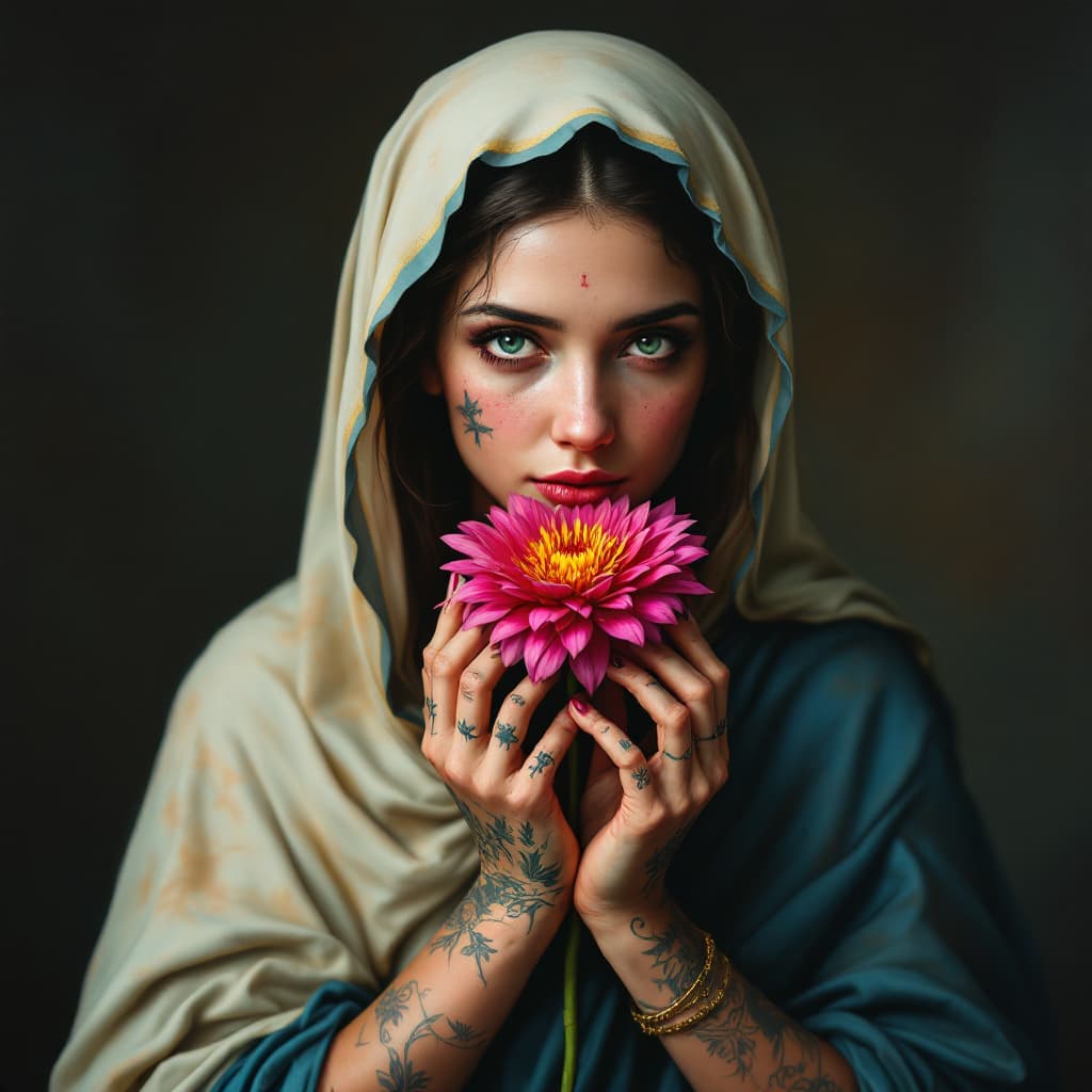 AI generated: oil painting of the mother mary with tattoos holding the most beautiful colorful flower, hyper reali...