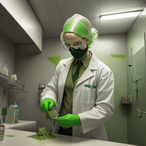 AI generated: a radioactive chemist doing flowers of marijuana in a little bathroom empty of marijuana plants