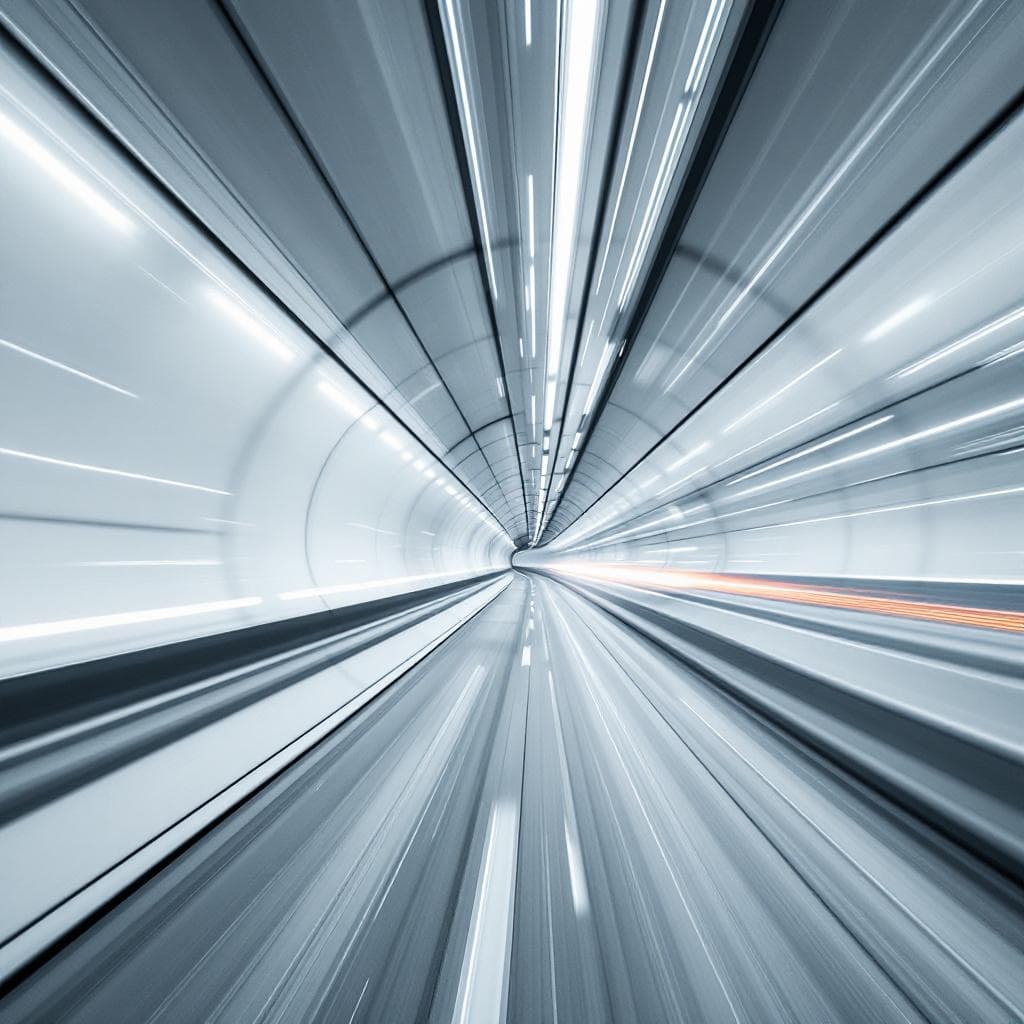 AI generated: futurerstic, tunnel, fluchtpunkt, white, bright moving lights, long exposure, speed, dynamic, symmet...