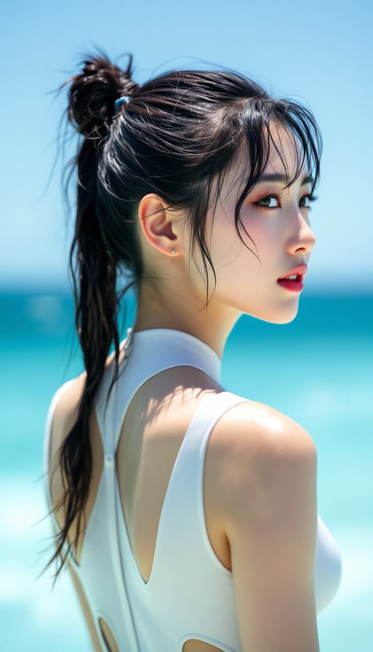 AI generated: High resolution image. A Korean woman in a white skindiving suit. Her back view. Her gaze is to the ...