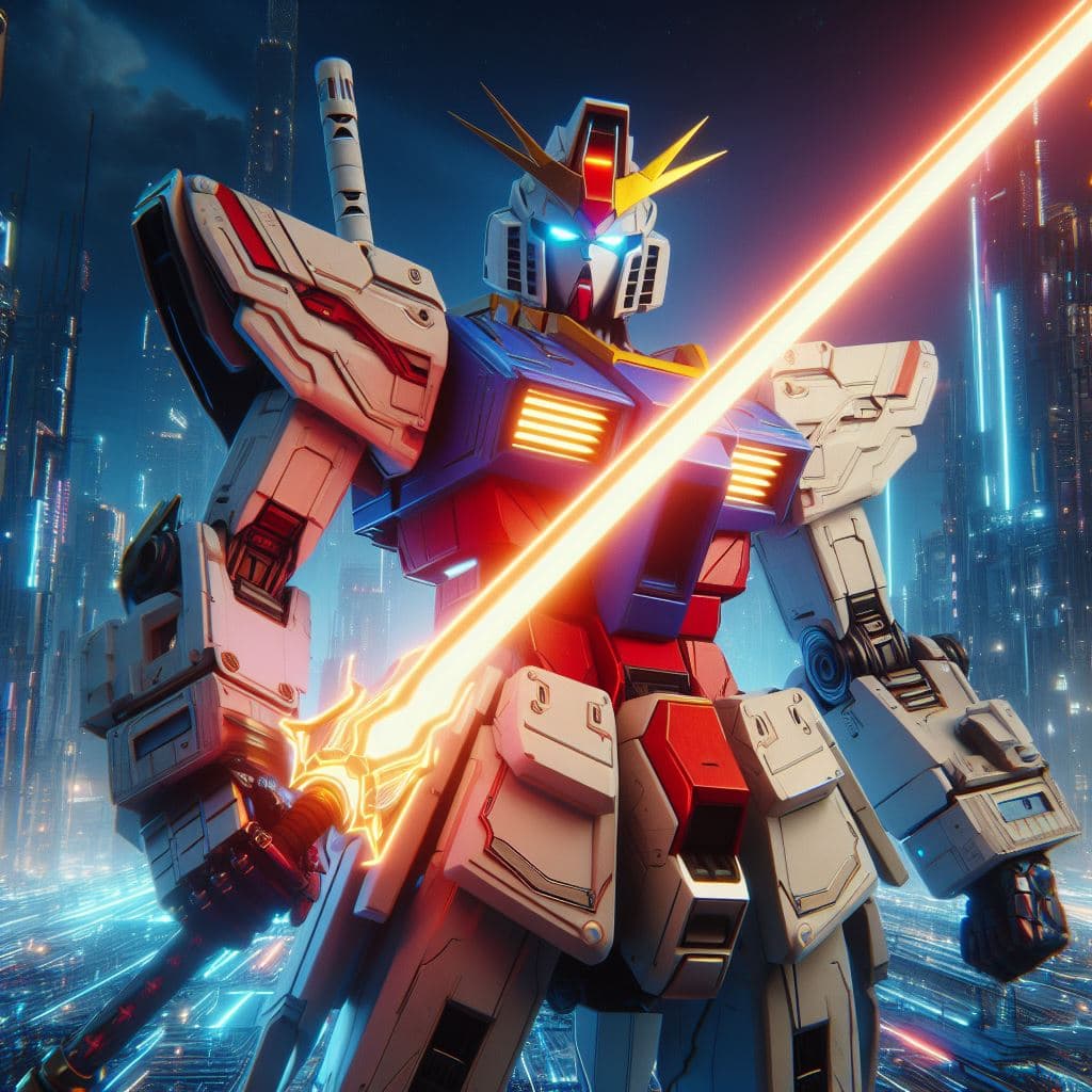 AI generated: Gundam, neón, espada, realismo, 4k