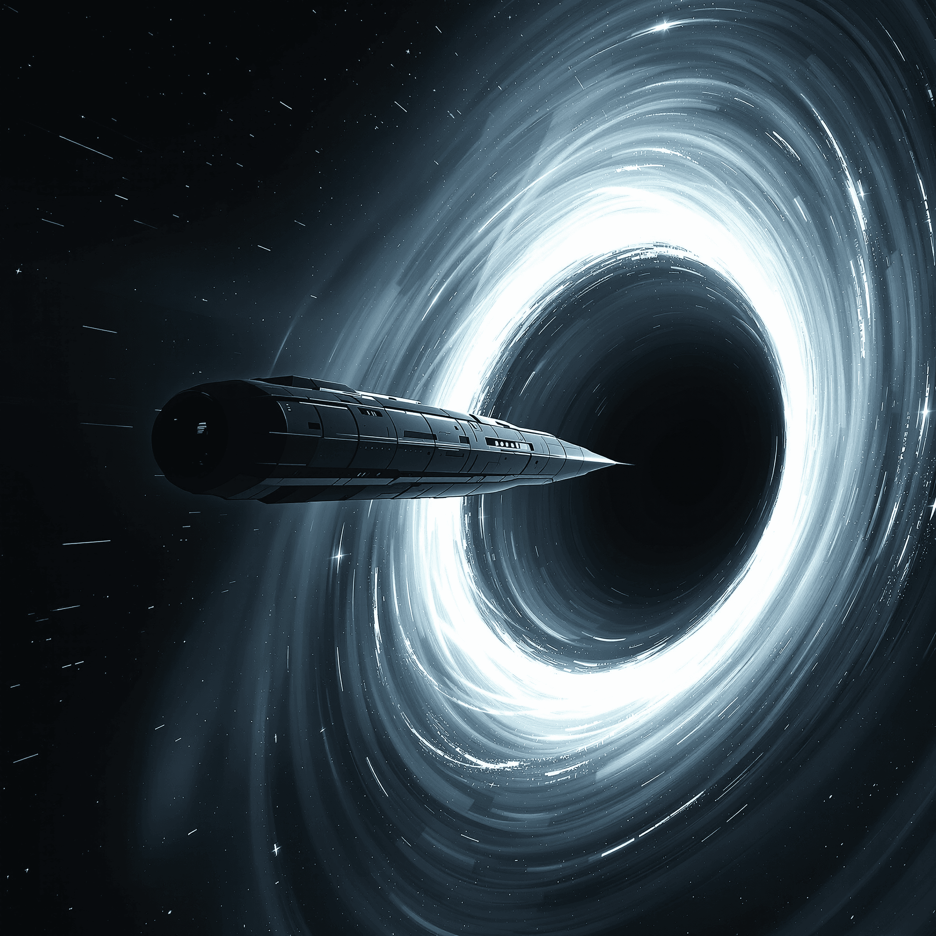 AI generated: minimalist sci-fi, orbital research station studying black hole, elongated structure pointing toward...