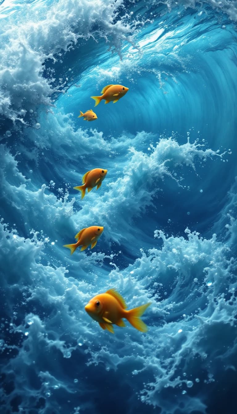 AI generated: Scene: Zooming out so that the fish is still swimming in the sea, but the image moves up above the w...
