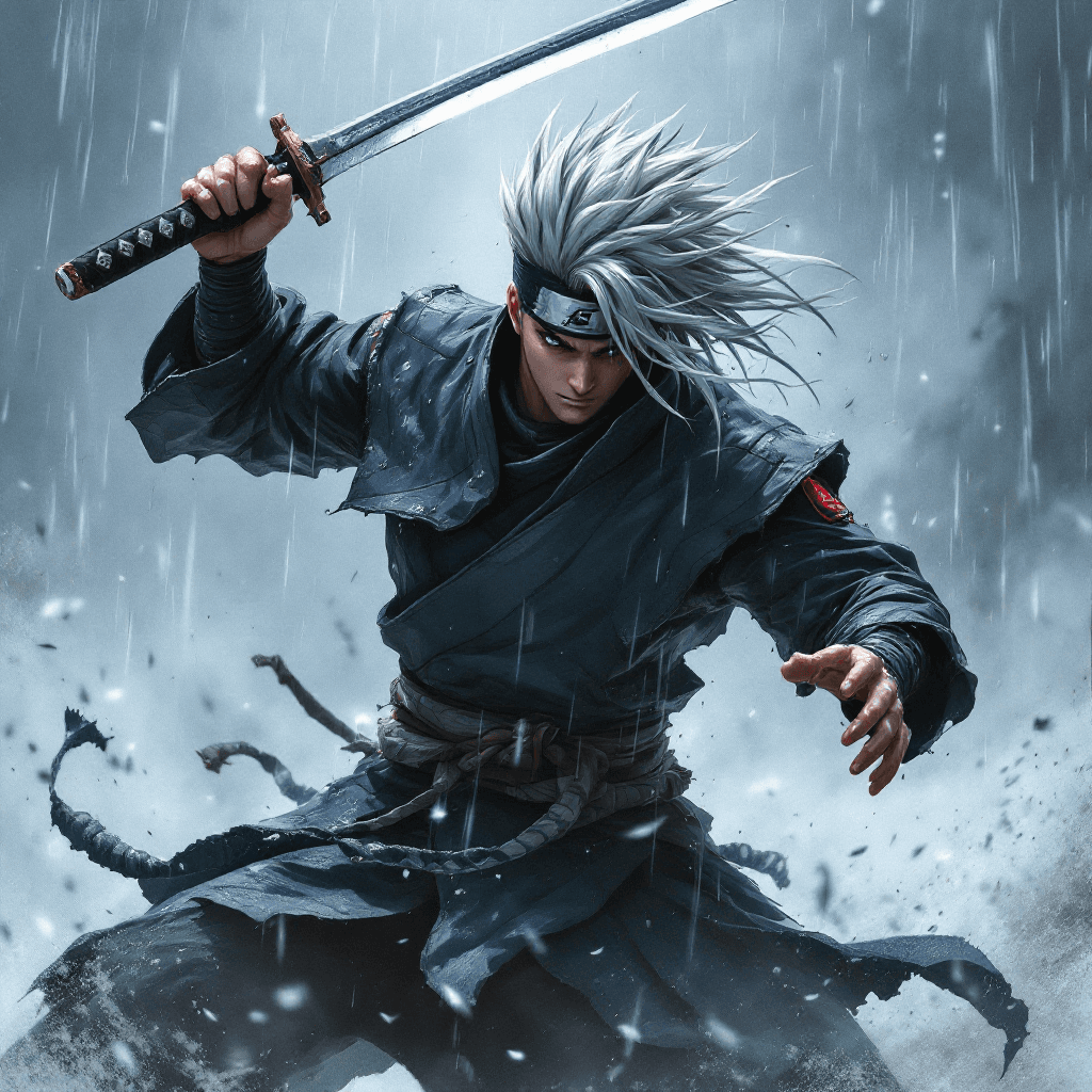 AI generated: tobirama senju the 2nd hokage in battle scene with his kunai in his hand ready to strike the backgro...